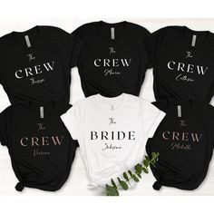 six t - shirts with the bride and groom names on them