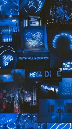 a collage of neon signs and buildings in the dark with blue lights on them