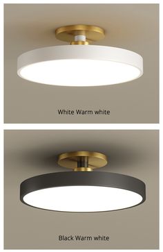 two different types of ceiling lights with white and black trims, one is round