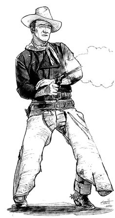 a black and white drawing of a man in cowboy attire with his arms crossed, standing