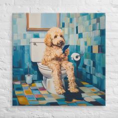 a painting of a dog sitting on top of a toilet