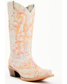 Leather upper. Pull-on style with pull tabs. Snip toe. Western heel. Single-stitched welt. White with pink, orange and yellow splatter design throughout Heel Caps, Wood Bridge, White Boots, Orange And Yellow, Kids Boots, Rubber Heels, Boots For Sale, Boot Shop, Black Light