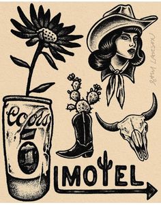 Sam Larson, Traditional Black Tattoo, Traditional Tattoo Flash Art, Cowgirl Tattoos, Cowboy Tattoos, American Traditional Tattoo Ideas, Traditional Tattoo Ideas, Bull Tattoos, Western Tattoos