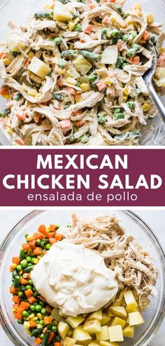 mexican chicken salad in a glass bowl with ranch dressing on the side and an ensalada