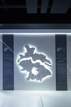 a display case with an image of a map on the wall in front of it