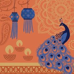 a peacock is standing in front of an orange background with blue and white decorations hanging from it's sides