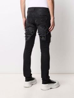 Shop Philipp Plein mesh ripped-detail jeans with Express Delivery - FARFETCH Philipp Plein, Cotton Logo, Jeans Black, Black Cotton, Patch Logo, Parachute Pants, Black Jeans, Top Brands, Mesh