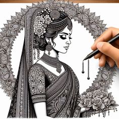 Boho Arts, Lady Drawing, Ancient Indian Architecture, Boho Art Drawings, Black And White Art Drawing, Mandala Art Lesson, Indian Architecture, Indian Art Paintings, Women Art