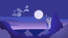 an animated image of a castle in the sky with a full moon behind it and mountains below