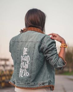 Beautiful denim jacket, it's warm so it can be worn any time of the year. Hand emroidered powerful text "Be your own hero" on the back. All embroidery was done by me,  whole text hand embroidery. One of a kind! Tag size: M (medium) Fits: True to the size, fits nicely, warm but not too heavy. Measures: Shoulders 42cm, Length 59cm, Sleeve Length 63cm, Chest 51cm Condition: Very good vintage, no signs of any damage, like new. Visit my instagram page: @unikatic Hand Embroidered Denim, Embroidery Unique, Be Your Own Hero, Unique Jackets, Embroidered Denim Jacket, Embroidered Denim, Jacket Design, Jean Jacket, Hand Embroidered