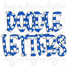 the word doodle letters in blue and white with polka dots is shown on a white background