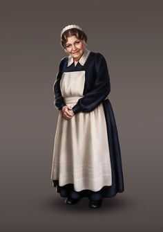 an older woman in a white dress and blue coat is standing with her hands on her hips