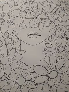 a drawing of a woman with flowers in her hair