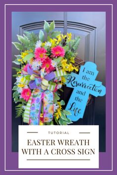 easter wreath with a cross on the front door