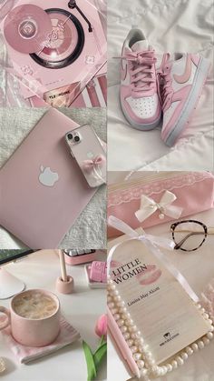 pink sneakers and other items are arranged on a white bed with the words little women