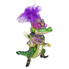 Male crocodile figurine ornament in gold and green holding a guitar with Mardi Gras beads. Mardi Gras Theme, Katherine's Collection, Mardi Gras Party, Mardi Gras Mask, Keepsake Jewelry, Cool Guitar, Glass Christmas Ornaments, Glass Ornaments, Hanging Ornaments