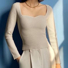 Aritzia Babaton Sculpt Knit Sweetheart Longsleeve In Small & In A Cream / Light Tan Color Called Matte Pearl Nwt Aritzia Sculpt Knit, Aritzia Top, Black Mesh Shirt, Aritzia Outfit, Skirt Tights, White Long Sleeve Tee, Cropped Long Sleeve Top, Trouser Outfits, Aritzia Babaton