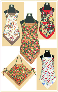 four different aprons on display with the same pattern as shown in this screen shot