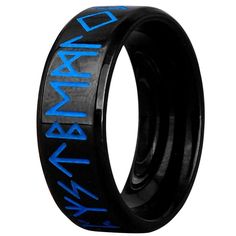 Runes are the mystical alphabet used 2000 years ago by many cultures, including the Vikings and Celts, to name things and places, provide protection, attract luck and fortune. This Viking blue rune ring or Norse Celtic band is made of solid hypoallergenic stainless steel. The Celtic band has a high polish black PVD finish and is engraved with rune symbols around the entire band, the runes are then filled with blue enamel. #runes #vikings #vikingstyle #norse #celtic #FantasyForgeJewelry Rune Ring, Attract Luck, Celtic Band, Rune Symbols, Viking Ring, The Vikings, Viking Runes, Viking Style, Ring Black