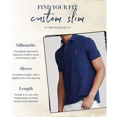 Instantly recognizable by the signature embroidered pony, which requires a total of 1,500 individual stitches to produce, Ralph Lauren's Polo shirt has been an icon of American style since 1972. This version is cut for a slim fit from soft cotton, offering a smoother surface than Polo Ralph Lauren's original mesh fabric..Approx. model height is 6'1' and he is currently wearing a size medium.Custom Slim Fit: a trim silhouette in between Polo Ralph Lauren's Classic Fit and Slim Fit.Sleeve hugs the Fitted Polo Collar Top With Branding, Classic Fitted Tops With Straight Hem, Fitted Casual Tops With Embroidered Logo, Classic Fitted Polo Shirt With Spread Collar, Classic Fitted Blue Polo Shirt, Fitted Cotton Polo Shirt With Spread Collar, Fitted Cotton Polo Shirt With Branding, Fitted Polo Shirt With Embroidered Logo, Fitted Casual Polo Shirt With Embroidered Logo