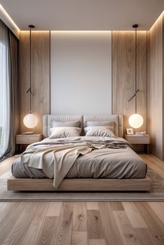 a large bed sitting in the middle of a bedroom next to two lamps on either side of it