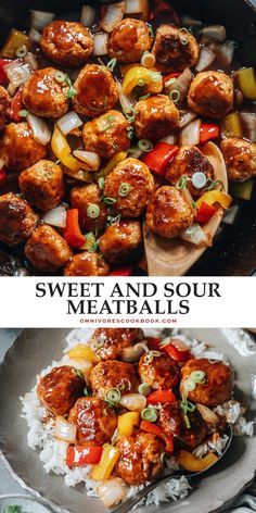 meatballs and vegetables are being cooked in a skillet on top of white rice