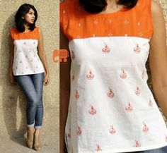 Orange  white hand painted and embroidered top by HasthaKatha Jeans Projects, Top Designs For Women, Cotton Short Tops, Summer Cotton Tops, Kurti Patterns, Salwar Designs