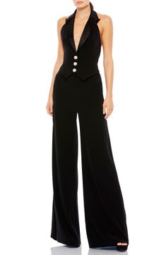 Free shipping and returns on Plunge Neck Tuxedo Jumpsuit at Nordstrom.com. An elegant departure from your usual party look, this halter jumpsuit features the satin lapels of a tuxedo with bedazzled buttons and a figure-hugging fit. Tuxedo Jumpsuit, Vestidos Color Coral, Formal Jumpsuit, Satin Jumpsuit, Tuxedo Style, Halter Jumpsuit, Black Tuxedo, Mac Duggal, Jumpsuit Fashion