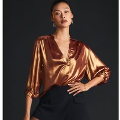 By Anthropologie Metallic Foil Blouse 18" Ptp * Polyester * Pullover Styling * Hand Wash * Imported Anthropologie Top, Satin Blouses, Metallic Foil, Bronze Color, Brown Gold, Pullover Styling, Anthropologie, Top Blouse, Foil