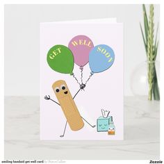 a greeting card with a cartoon character holding balloons and the words get well soon on it