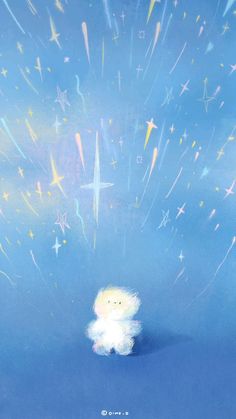 a small white teddy bear sitting in the middle of a blue sky filled with stars