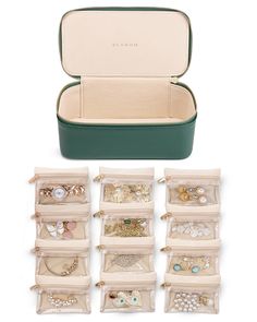 an assortment of jewelry in a case on a white background