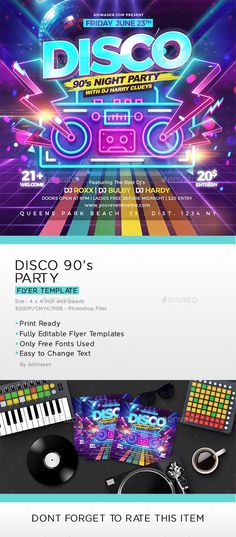 a flyer for a disco party with music equipment