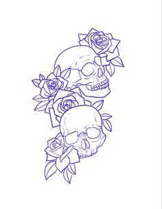 a drawing of two skulls with roses on their heads and one skull in the middle