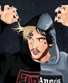 a drawing of a man with blonde hair and beards wearing a black hoodie