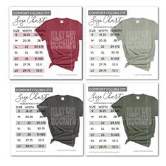 A set of 16 Comfort Colors 1717 T-Shirt sizing charts for use in your digital store. This is the BEST VALUE for a large bundle of sizing charts - you'll receive 12 different charts, which makes them just $1.16 each. Perfect for sellers who offer a full range of Comfort Colors t-shirts in their stores, and need color-matched charts for every season.  Give your store listings a professional and cohesive look, while using as many listing photos as possible in your store (10 are recommended by Etsy to maximize listings). Use these professionally designed and color-matched sizing charts when you sell any of the Comfort Colors t-shirts in the colors shown. Pair them with styled flatlay mockups and add your own branding, if desired. D E T A I L S: :: 16 (sixteen) Comfort Colors 1717 Garment-dyed Store Branding, Branding Kit, Size Charts, Milky Way, Sizing Chart, Christmas Colors, Design Store, Tshirt Colors, Color Show