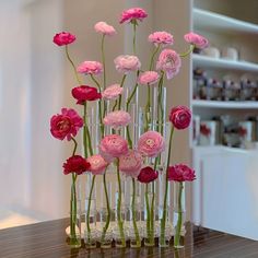 several vases filled with pink and red flowers on top of a wooden table in front of shelves