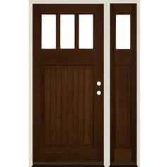 two brown doors with white trim and sidelights on each door, one is open