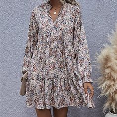 Bohemian Floral Print Long Sleeve V Neck Ruffle Dress Xs S M L , 100% Polyester, Ships In 7-8 Days V-neck Boho Dress With Ruffles For Day Out, Bohemian Tiered Mini Dress With Ruffle Hem, Long Sleeve Boho Dress With Ruffles For Vacation, Casual Boho Dress With Ruffle Hem, Spring Long Sleeve Mini Dress With Boho Print, Long Sleeve Mini Dress With Boho Print For Spring, White Floral Print Mini Dress For Fall, Bohemian Long Sleeve Ditsy Floral Dress, Fall Vacation Mini Dress With Ruffle Hem