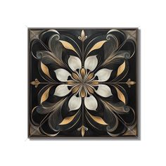 a black and gold square tile with an intricate design on the center, surrounded by smaller white flowers