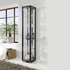 a tall glass display case sitting on top of a rug