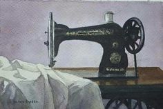 a painting of an old sewing machine on a table