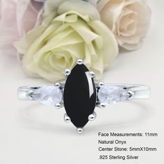 𝗜𝘁𝗲𝗺 𝗦𝗽𝗲𝗰𝗶𝗳𝗶𝗰𝗮𝘁𝗶𝗼𝗻𝘀: ☉ Metal Type: Sterling Silver. ☉ Metal Stamp or Hallmark: .925 ☉ Metal Purity: 92.5% Sterling. ☉ Center Gemstone: Natural Black Onyx ☉ Side Gemstone: Simulated Diamond ☉ Face Measurements from South to North: 11mm (0.43") ☉ Center Stone Measurements: 5mmX10mm ☉ Approximate Center Stone Carat Weight: 0.95Carat Gift Box Included Feedback: I would greatly appreciate your feedback since my goal is to deliver the best service possible, this feedback is important Black Jewelry For Anniversary, Black Oval Cubic Zirconia Jewelry, Black Cubic Zirconia Jewelry For Anniversary, Black Sterling Silver Rings For Anniversary, Anniversary Black Cubic Zirconia Jewelry, Black Jewelry With Center Stone For Anniversary, Black Jewelry With Center Stone As A Gift, Black Sterling Silver Jewelry For Wedding, Black Cubic Zirconia Rings For Gift