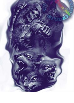 an image of some tattoos on someone's arm and chest with wolfs in the background