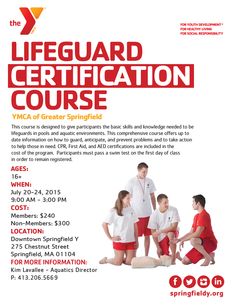 a flyer for the lifeguard certificate course with three people in white shirts and red shorts