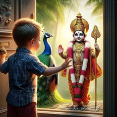 a little boy standing in front of a window with a peacock next to him and looking out the window