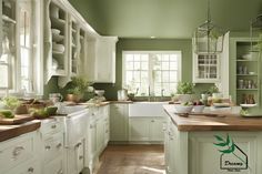 a kitchen with green walls and white cupboards, wooden counter tops, and lots of greenery