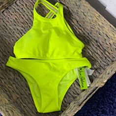 Brand New Padded Bikini Padding Is Not Removable Neon Yellow Sleeveless Swimwear For Beach Season, Yellow Summer Swimwear For Sports, Spring Pool Swimwear In Neon Yellow, Yellow Summer Sports Swimwear, Neon Yellow Stretch Sleeveless Swimwear, Neon Yellow Fitted Triangle Top Swimwear, Fitted Neon Yellow Triangle Top Swimwear, Fitted Neon Yellow Swimwear For Poolside, Lime Green Fitted Swimwear For Summer