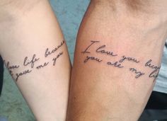 two people with matching tattoos that say i love you and have the same tattoo on their arms