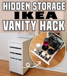 the hidden storage ikea vanity hackr is open and has various items in it